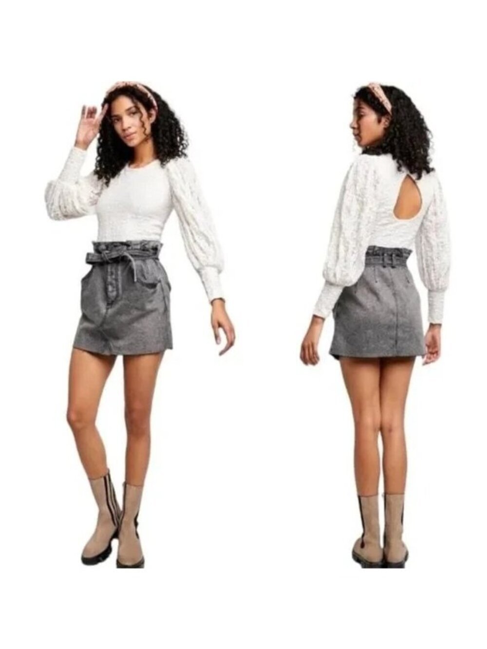 Free People East of Eden Black Denim Belted Mini Skirt